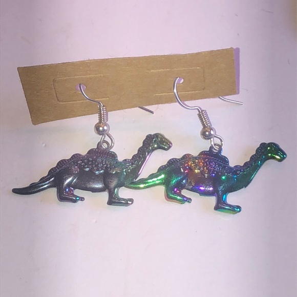 Colorful Rainbow Lightweight Boho Dinosaur Earrings - Picture 2 of 4